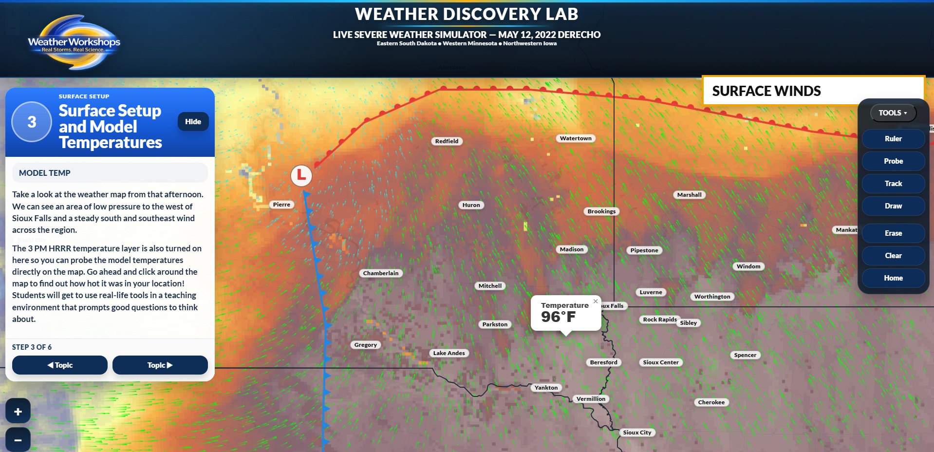 HRRR temperature and surface wind simulator view